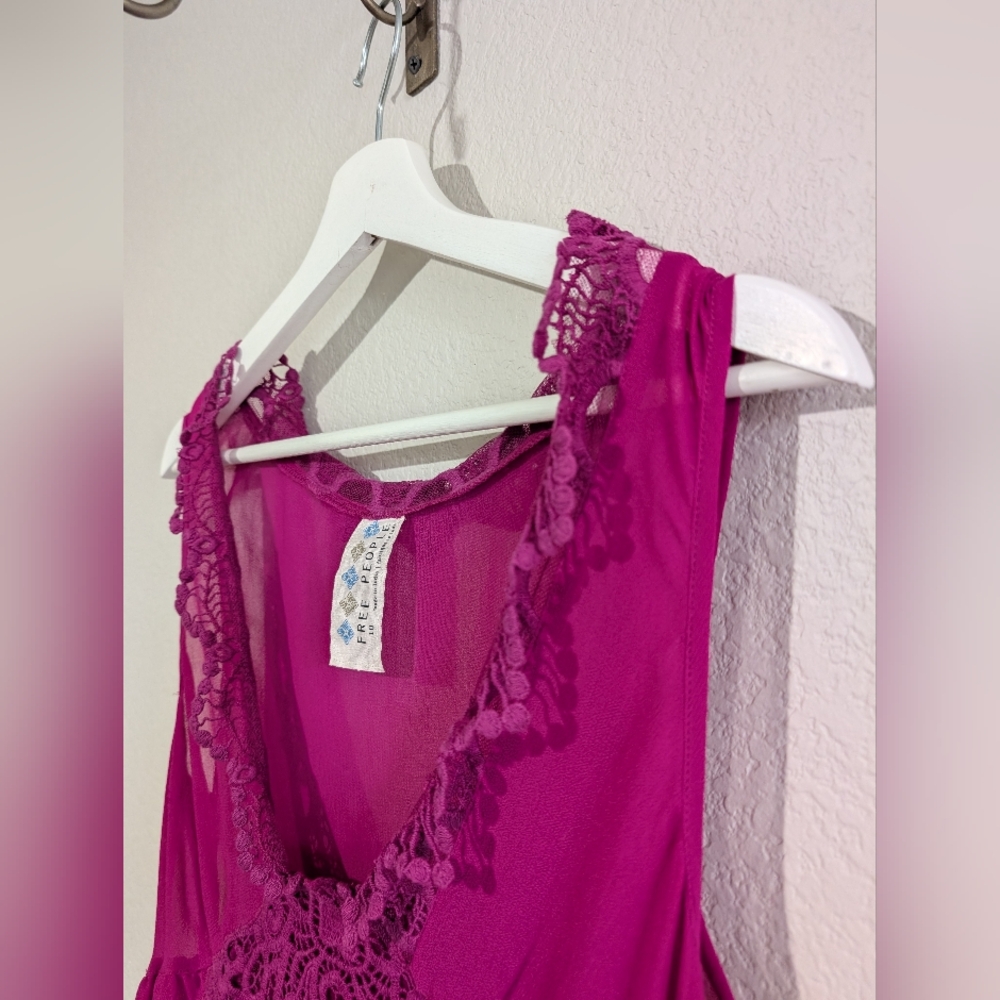 Free People Berry Fuchsia Crochet Lace Mini Dress Layered Hem Swing Dress 10 - Picture 5 of 15